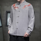 风亚麻铜扣透气长袖衬衫龙纹刺绣古装衬衣A087-1-YM717-P85，男装衬衫，电商A087-1