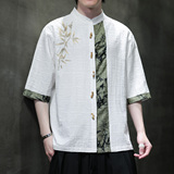 新中式竹扣竹叶刺绣棉麻五分袖提花面料古装衬衫A087-1-YM718-P75，男装T恤，电商A087-1