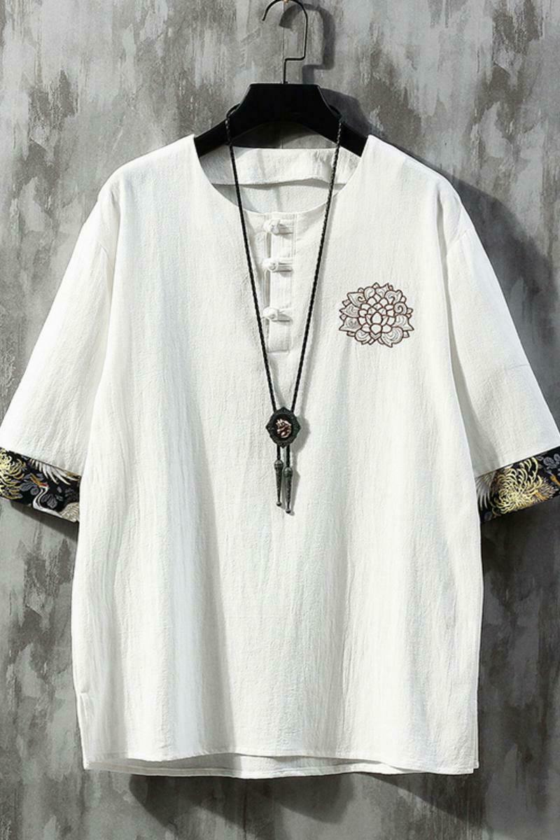 风2025圆领盘扣五分袖薄款荷花刺绣T恤男A087-1-YM902-P55,男装T恤,电商A087-1