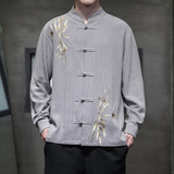 风亚麻盘扣长袖衬衫竹叶刺绣拼接古装衬衣A087-1-YM716-P85，男装衬衫，电商A087-1