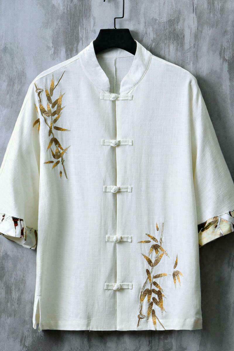 新中式亚麻盘扣五分袖衬衫竹叶刺绣拼接古装衬衣A087-1-YM616-P75,男装T恤,电商A087-1