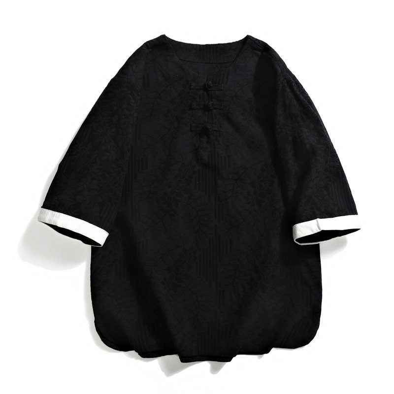 风盘扣短袖圆领提花t恤复古五分袖潮男A087-1-YM612-P55控65，男装T恤，电商A087-1