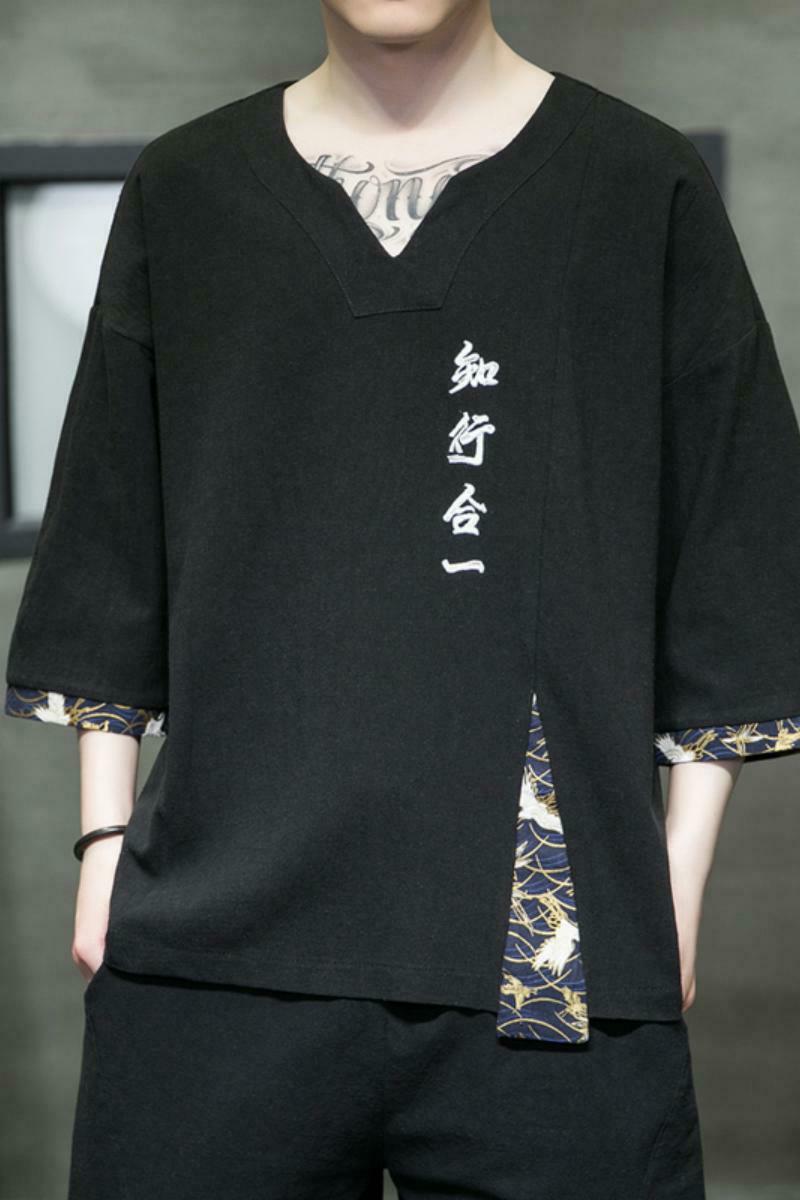 2025新中式刺绣知行合一短袖t恤复古五分袖男A087-1-YM611-P55,男装T恤,电商A087-1