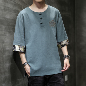 风夏季薄款荷花刺绣T恤圆领盘扣五分袖男A087-1-YM902-P55图片