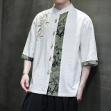 新中式竹扣竹叶刺绣棉麻五分袖提花面料古装衬衫A087-1-YM718-P75，男装T恤，电商A087-1