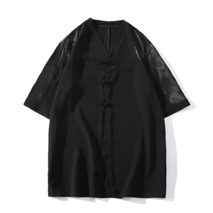 2025风春夏款拼接盘扣宽松汉服唐装短袖T恤A087-1-YM951-P55图片