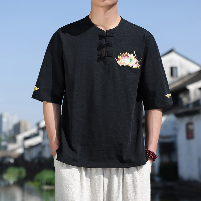 纯棉时尚新中式莲花刺绣盘扣祥云透气纯色五分袖A087-1-YM660P65,男装T恤,电商A087-1