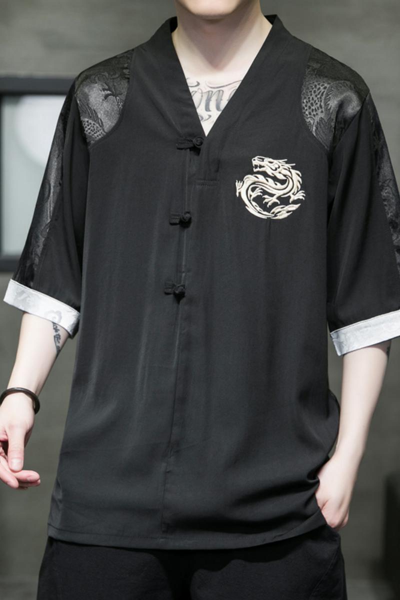 夏款唐装风龙纹刺绣盘扣T恤宽松汉服五分袖A087-1-YM618-P60,男装衬衫,电商A087-1