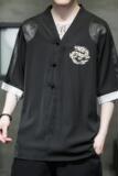 夏款唐装风龙纹刺绣盘扣T恤宽松汉服五分袖A087-1-YM618-P60，男装衬衫，电商A087-1