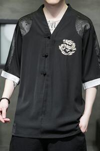 夏款唐装风龙纹刺绣盘扣T恤宽松汉服五分袖A087-1-YM618-P60图片