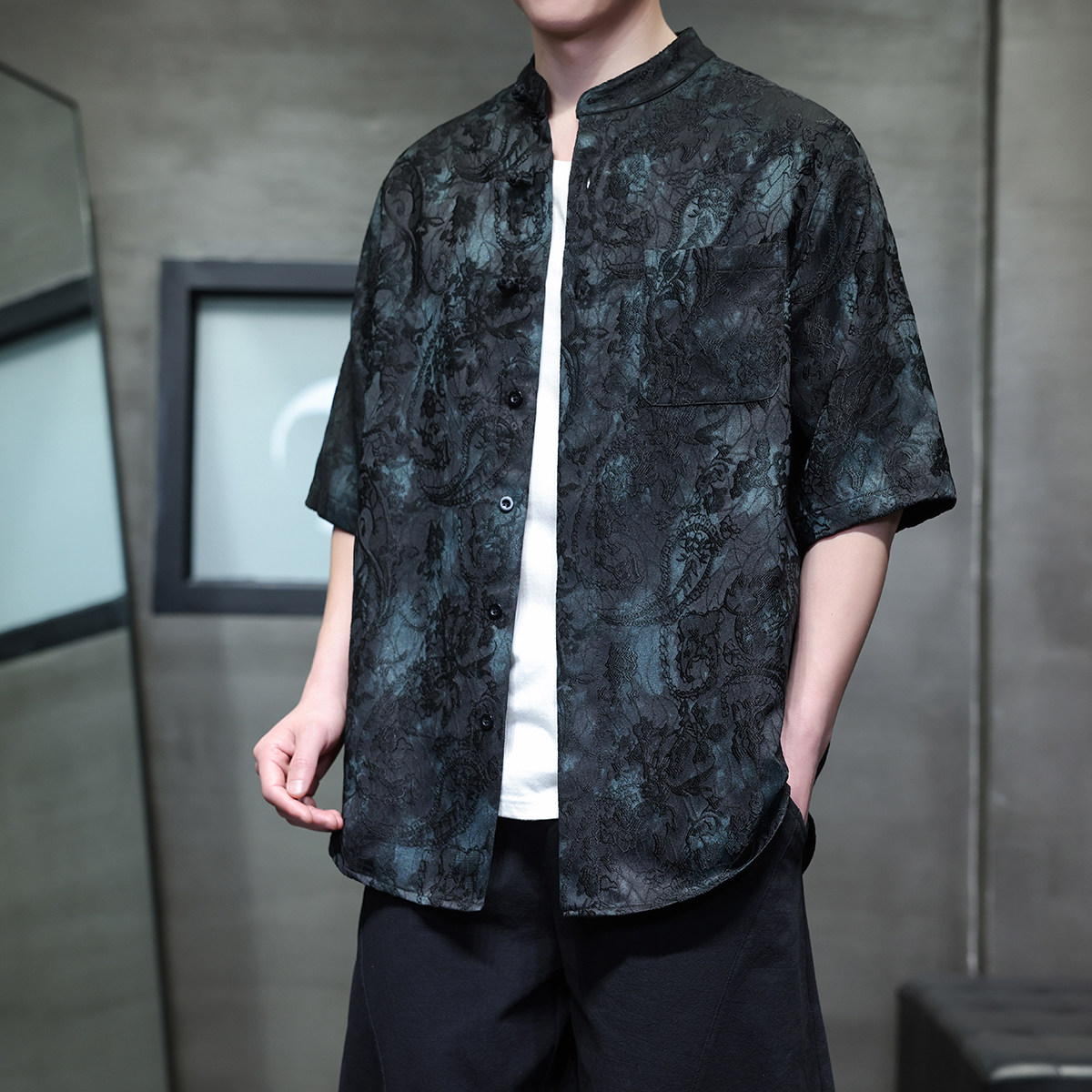 透气扎染风盘扣衬衫休闲立体提花宽松短袖A087-1-YM659P75,男装T恤,电商A087-1