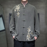 风亚麻盘扣长袖衬衫竹叶刺绣拼接古装衬衣A087-1-YM716-P85，男装衬衫，电商A087-1