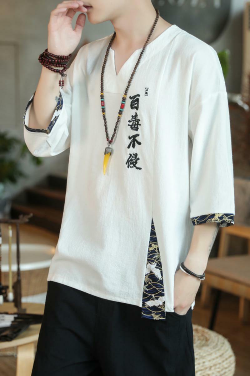新中式风刺绣百毒不侵短袖t恤复古五分袖男A087-1-YM911-P55,男装T恤,电商A087-1