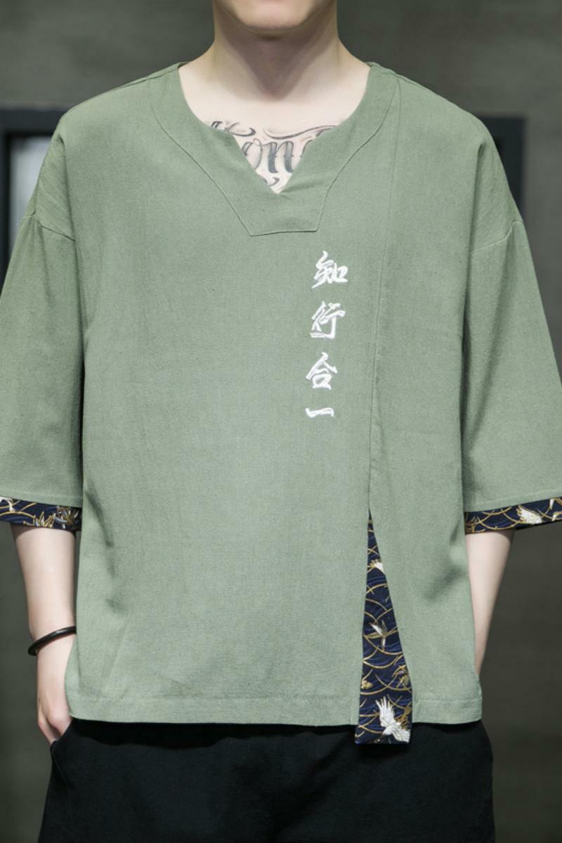 2025新中式刺绣知行合一短袖t恤复古五分袖男A087-1-YM611-P55,男装T恤,电商A087-1