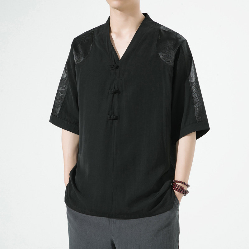 2025风春夏款拼接盘扣宽松汉服唐装短袖T恤A087-1-YM951-P55图片
