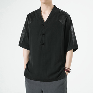 2025风春夏款拼接盘扣宽松汉服唐装短袖T恤A087-1-YM951-P55图片
