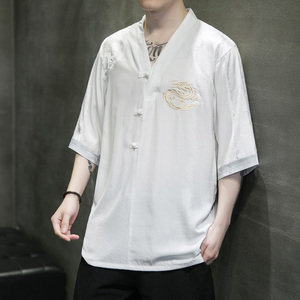 夏款唐装风龙纹刺绣盘扣T恤宽松汉服五分袖A087-1-YM618-P60图片