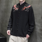 风亚麻铜扣透气长袖衬衫龙纹刺绣古装衬衣A087-1-YM717-P85，男装衬衫，电商A087-1