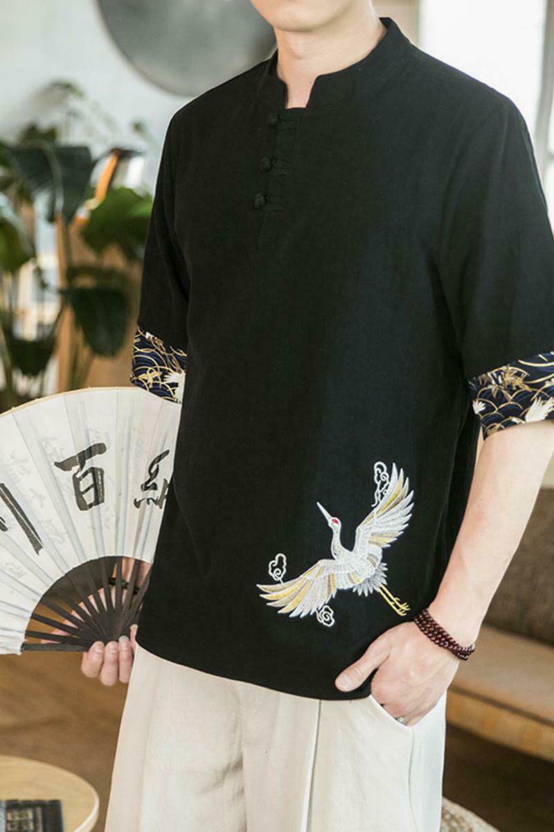 新中式夏季薄款仙鹤刺绣V领盘扣五分袖T恤男A087-1-YM901-P55,男装T恤,电商A087-1
