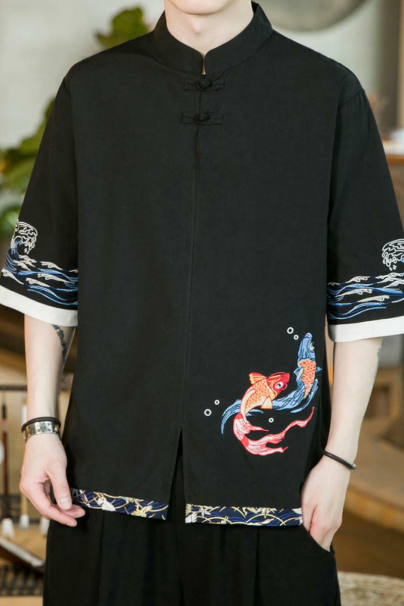 风春夏款锦鲤刺绣拼接盘扣五分袖宽松衬衫男A087-1-YM953-P65,男装T恤,电商A087-1