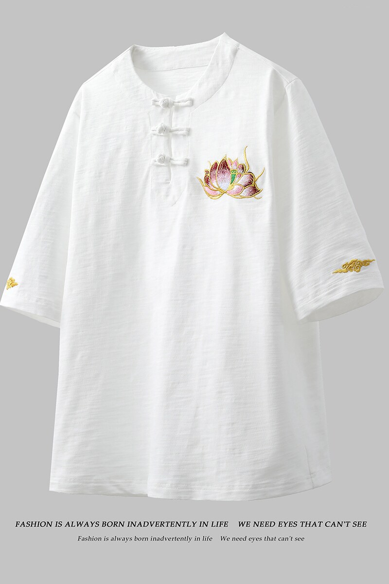 纯棉时尚新中式莲花刺绣盘扣祥云透气纯色五分袖A087-1-YM660P65,男装T恤,电商A087-1