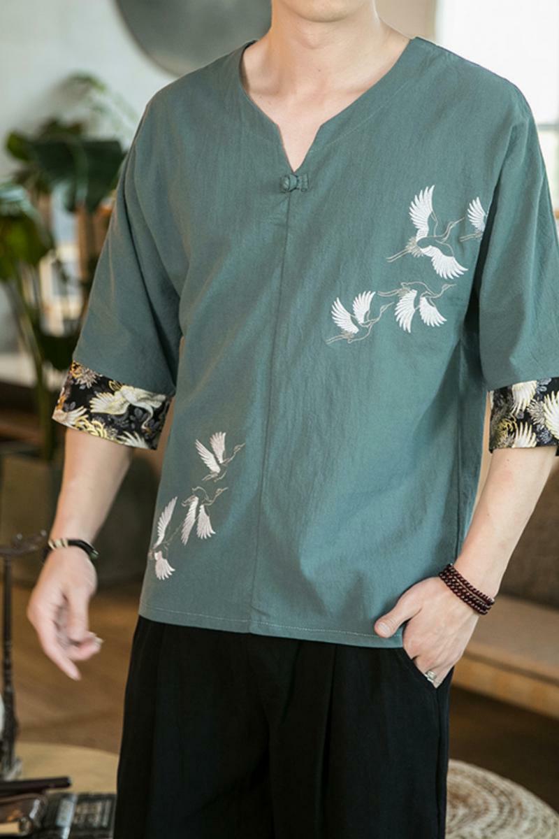 2025风仙鹤刺绣薄V领盘扣T恤古风短袖A087-1-YM907-P55控65,男装T恤,电商A087-1
