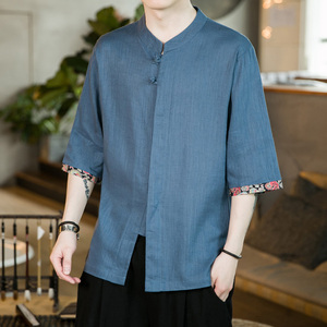 2023风春夏款拼接盘扣汉服唐装亚短袖衬衫A087-1-YM952-P55图片