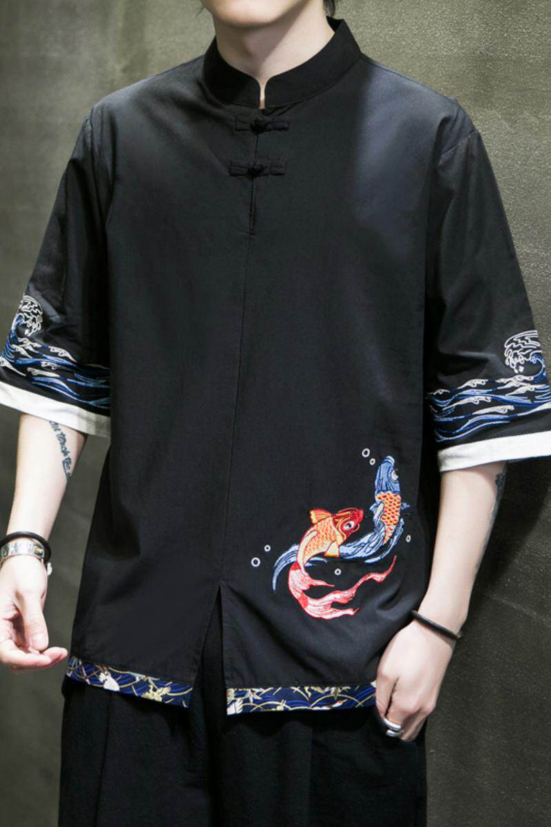 风春夏款锦鲤刺绣拼接盘扣五分袖宽松衬衫男A087-1-YM953-P65,男装T恤,电商A087-1