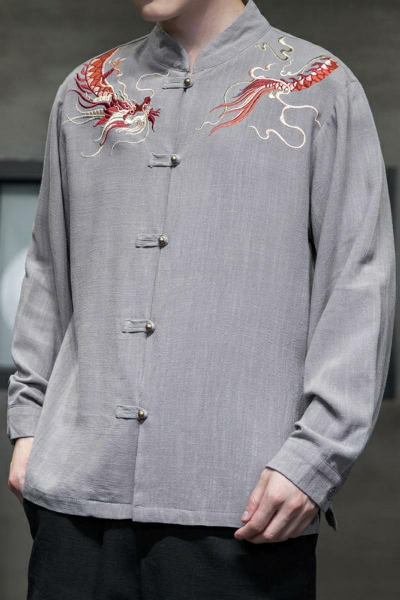 风亚麻铜扣透气长袖衬衫龙纹刺绣古装衬衣A087-1-YM717-P85,男装衬衫,电商A087-1