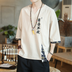 新中式风刺绣百毒不侵短袖t恤复古五分袖男A087-1-YM911-P55,男装T恤,电商A087-1