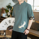 新中式夏季薄款仙鹤刺绣V领盘扣五分袖T恤男A087-1-YM901-P55，男装T恤，电商A087-1