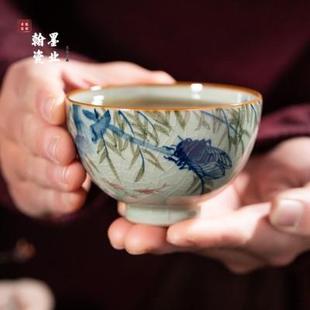 景德镇陶瓷老陶泥开片手工手绘一鸣惊人鸡心杯个人专用主人杯单杯