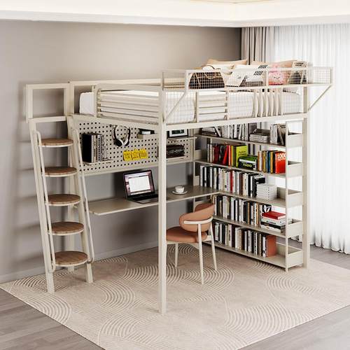 上铺悬空床收纳床二楼卧室高架床民宿新款书架小户型极简家用铁床