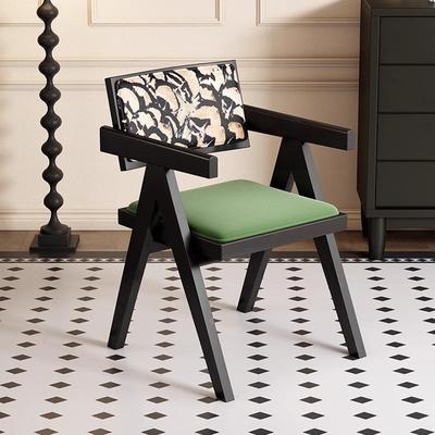 法式复古餐桌椅子实木餐椅家用昌迪加尔藤编椅中古软包靠背椅凳子