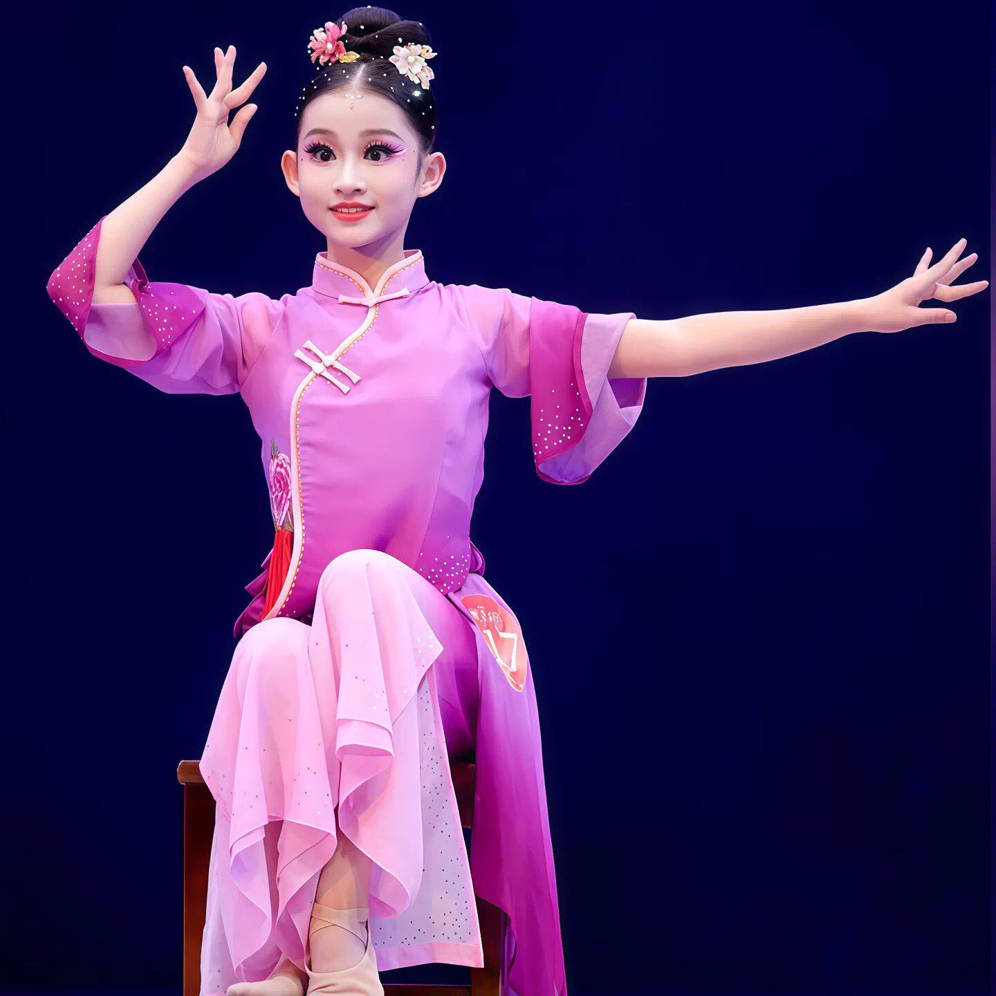 笄礼映芳华儿童古典舞演出服女童独舞飘逸中国风秧歌服套装表演服