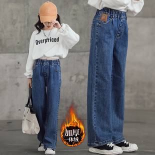 女童裤子秋冬2025新款加绒牛仔裤一体绒大童儿童加厚冬季外穿直筒