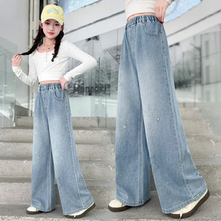 女童牛仔阔腿裤春秋款2026新款儿童韩版宽松中大童直筒裤浅色春装