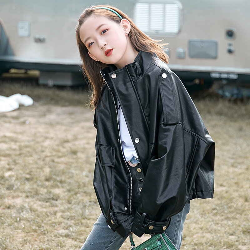 女童皮外套黑色皮衣春秋儿童皮夹克2021年春装新款皮夹克机车服