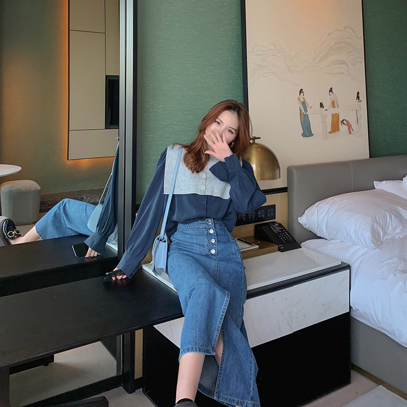 菡薇妮衬衫女2020初秋季新款长袖宽松时尚韩版针织披肩衬衣两件套