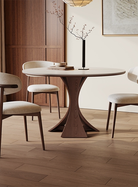 北欧实木餐桌圆形带转盘6人家用现代简约意式高端亮光岩板圆餐桌