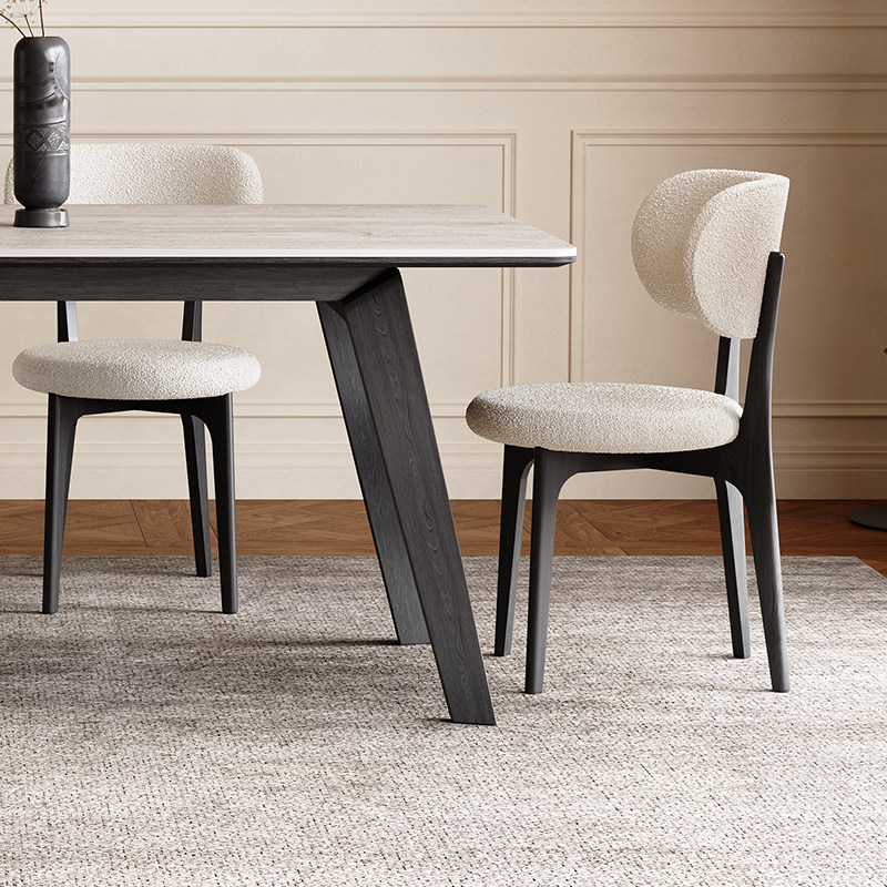 白色实木餐椅家用客厅餐厅靠背椅子意式轻奢复古风休闲羊羔绒椅子