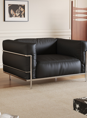 包豪斯黑色真皮沙发客厅2025新款直排头层牛皮单人意式轻奢沙发