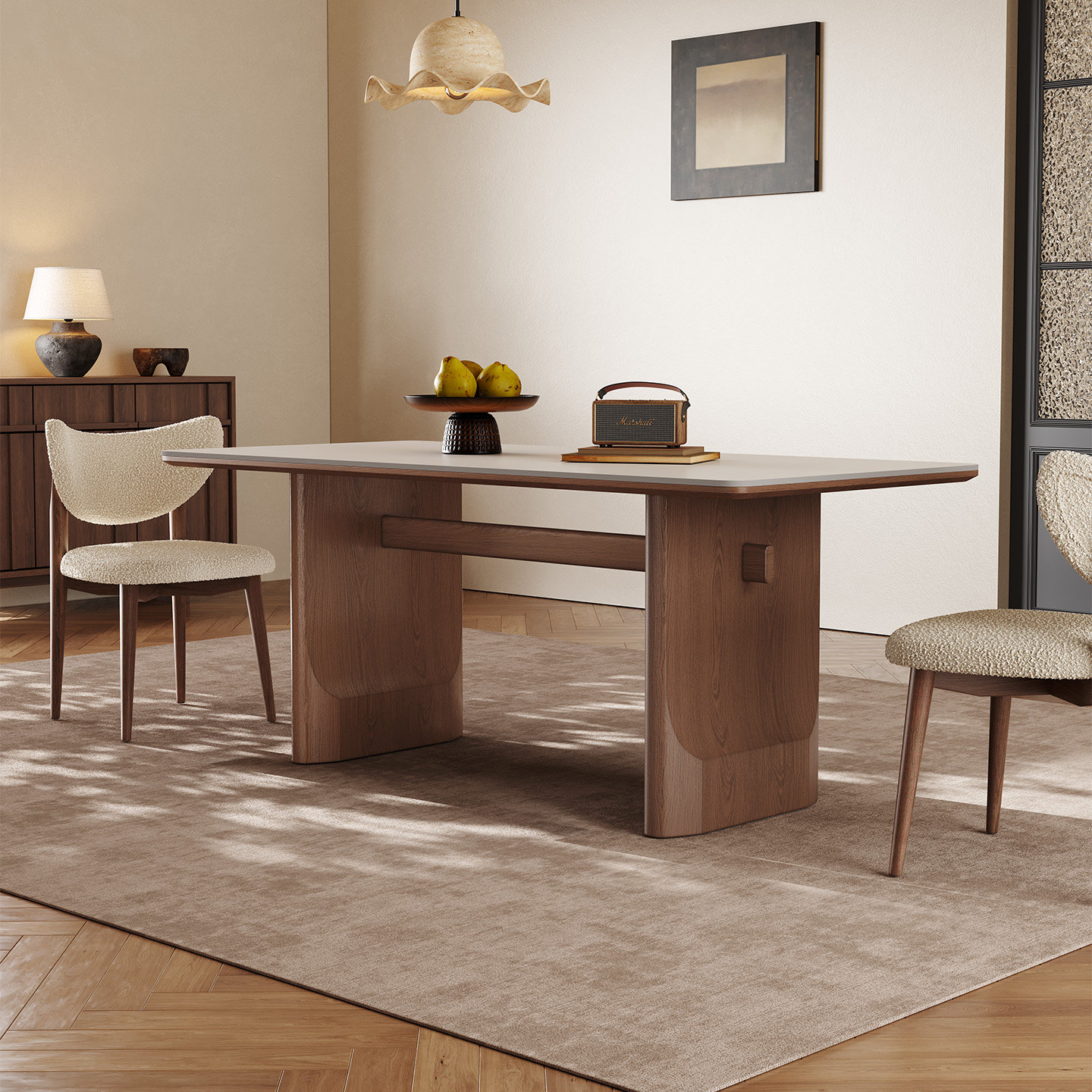 长方形实木餐桌家用胡桃色轻奢高端全托哑光侘寂中古风岩板餐桌椅