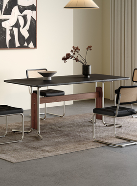 复古岩板餐桌黑色家用小户型现代简约全托中古风实木不锈钢脚餐桌