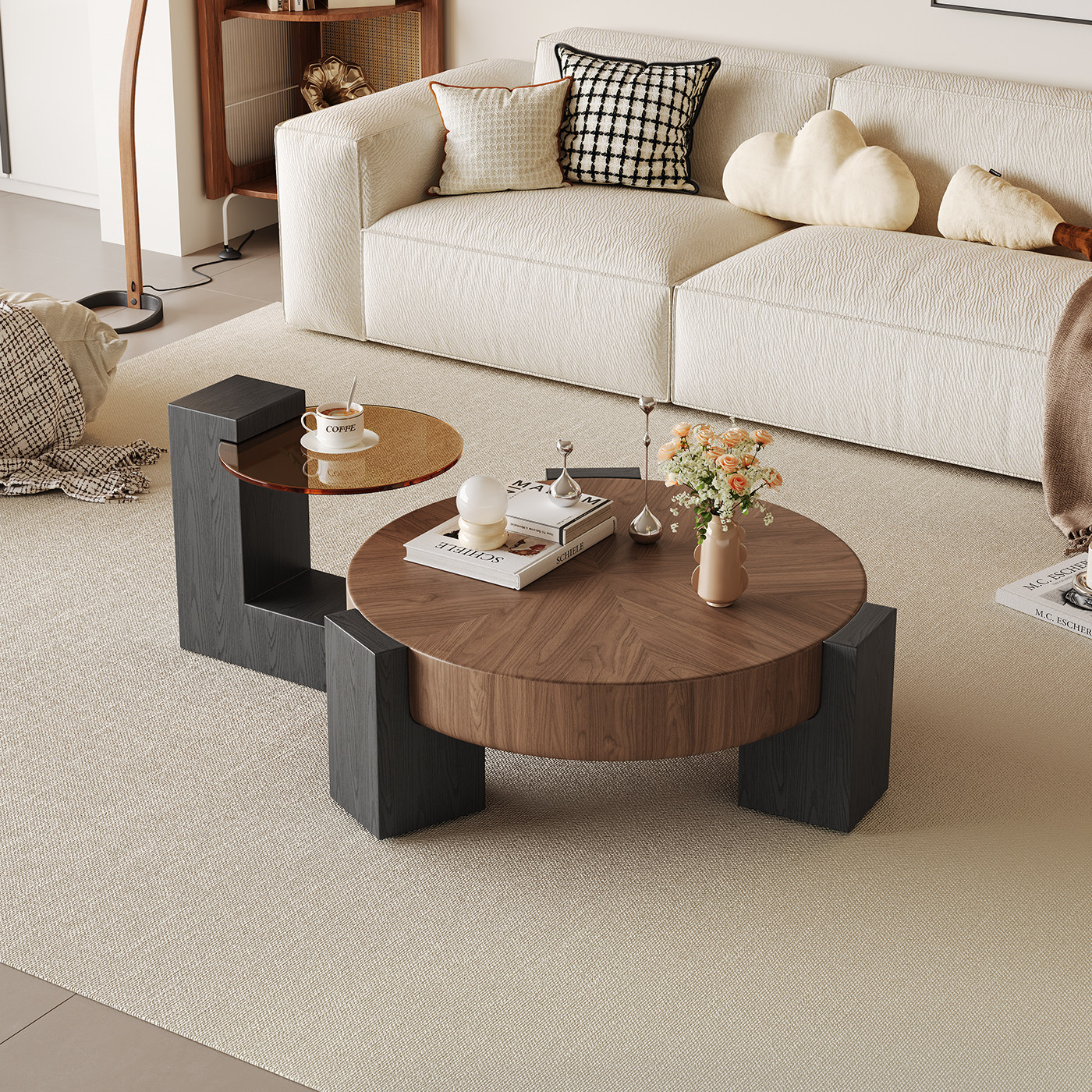 意式极简圆形茶几客厅小户型现代轻奢中古风胡桃色设计师茶几组合