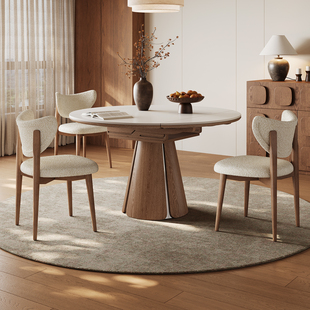 奥古斯特实木餐桌可变圆桌2025新款家用客厅中古风伸缩岩板餐桌