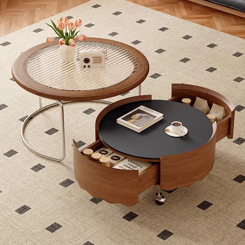 中古风实木圆形移动茶几2026新款客厅家用现代简约包豪斯茶几组合