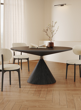 实木圆形餐桌纯黑带转盘小户型现代简约高端飞碟极简纯白岩板餐桌