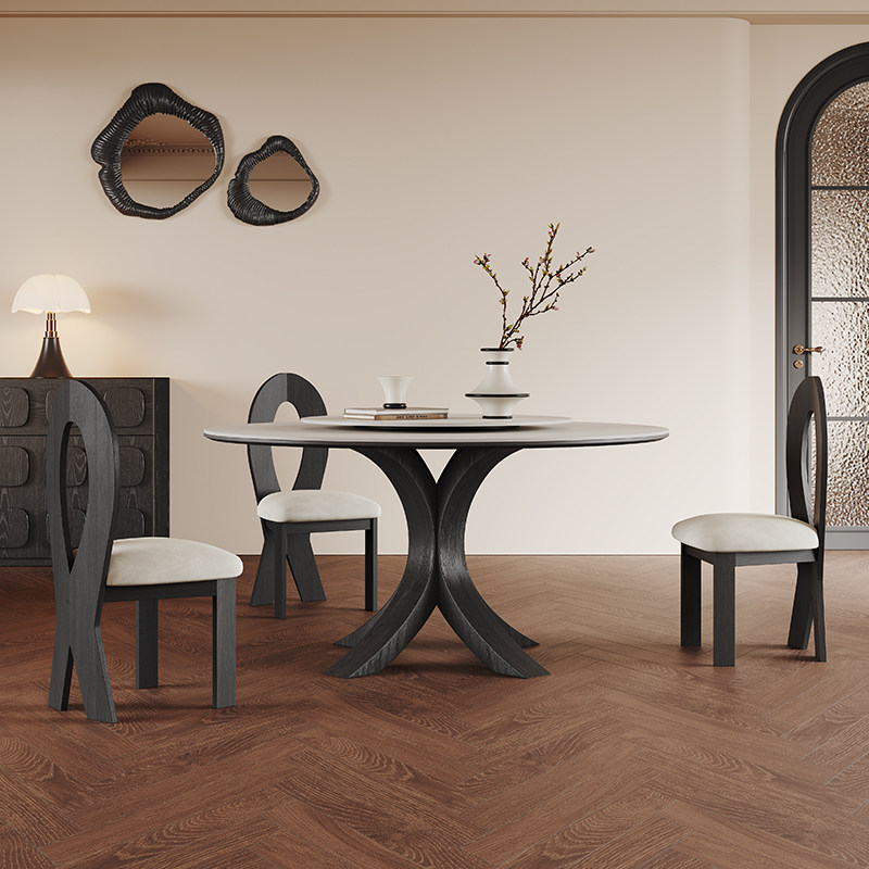 法式复古实木圆桌带转盘1.2米现代简约家用小户型纯白岩板餐桌