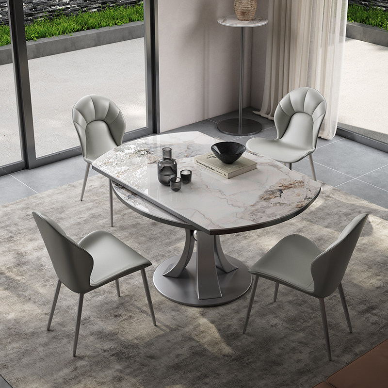 轻奢岩板餐桌定制别墅家用方圆两用意式高端圆形小户型伸缩餐桌